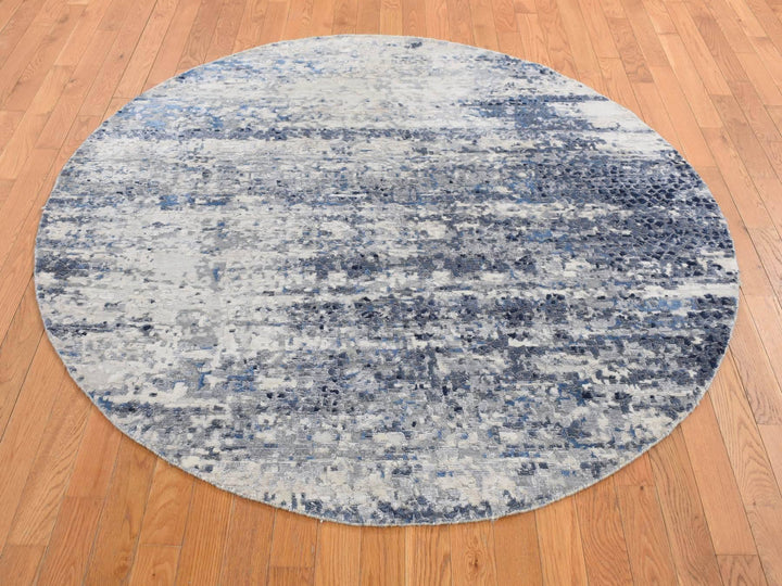 6'0" x 6'0" New Hand Knotted Blue Wool & Silk Round Oriental Rug - MOA10287374