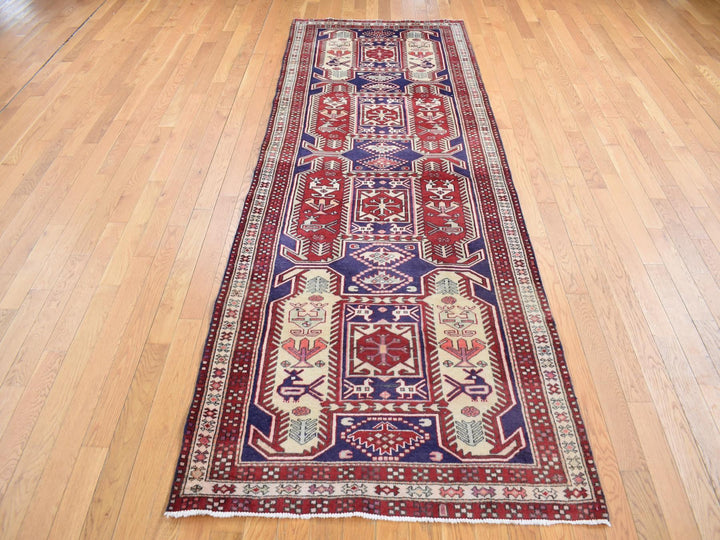 3'8" x 10'0" Vintage Hand Knotted Blue Wool Runner Oriental Rug - MOA10287386