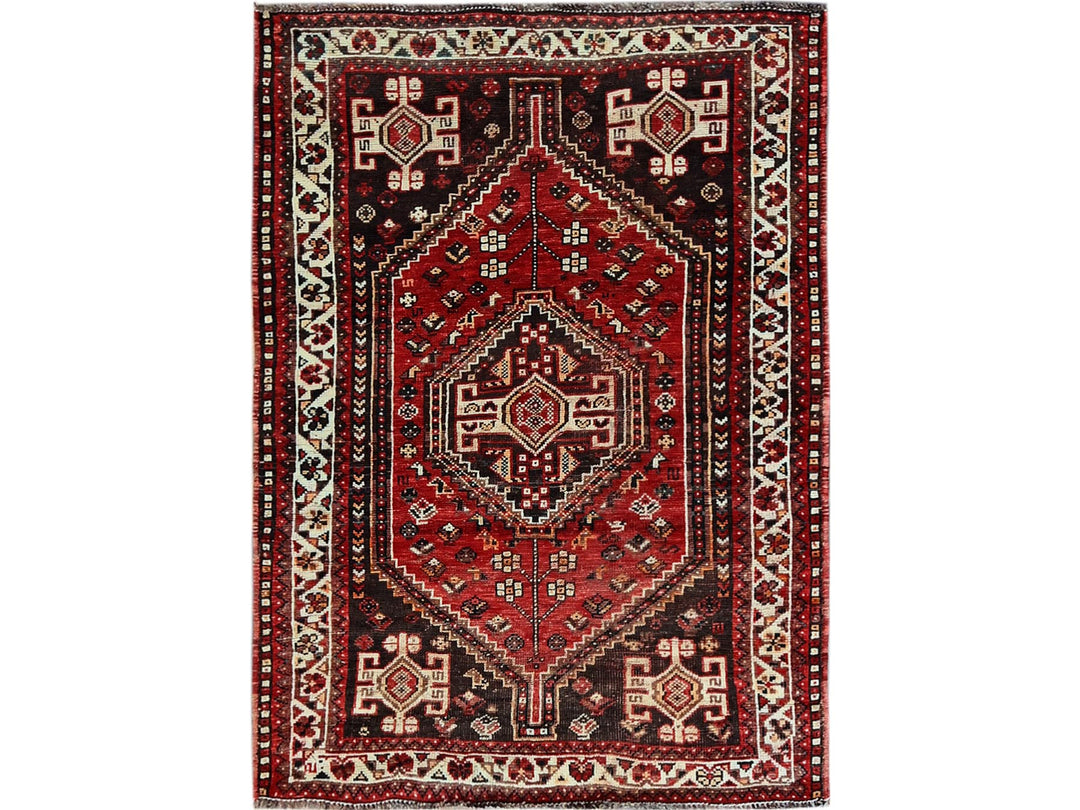 3'9" x 5'1" Vintage Hand Knotted Red Wool Rectangle Oriental Rug - MOA102873