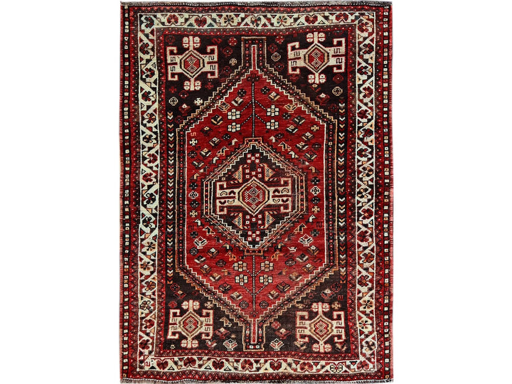 3'9" x 5'1" Vintage Hand Knotted Red Wool Rectangle Oriental Rug - MOA102873