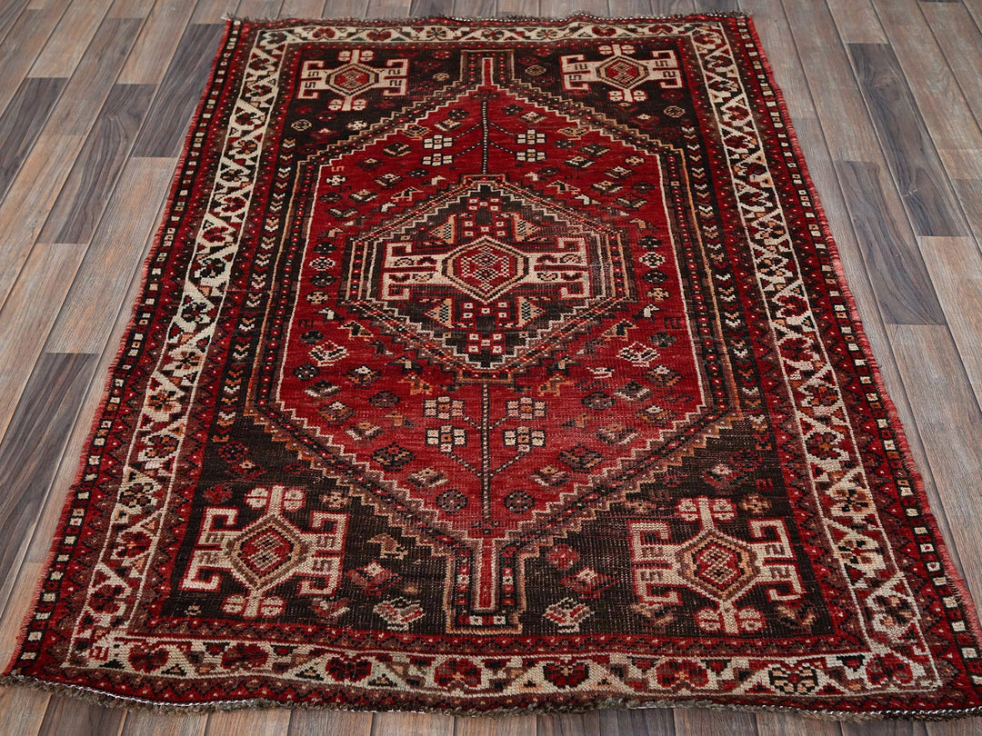 3'9" x 5'1" Vintage Hand Knotted Red Wool Rectangle Oriental Rug - MOA102873