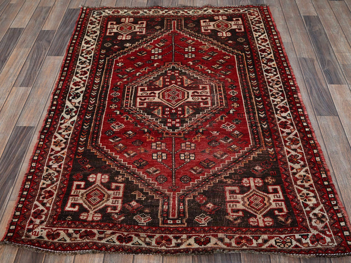 3'9" x 5'1" Vintage Hand Knotted Red Wool Rectangle Oriental Rug - MOA102873