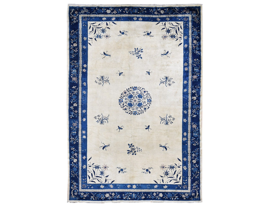 9'0" x 14'2" Vintage Hand Knotted Ivory Wool Rectangle Oriental Rug - MOA10287402