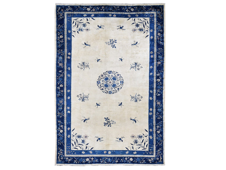 9'0" x 14'2" Vintage Hand Knotted Ivory Wool Rectangle Oriental Rug - MOA10287402