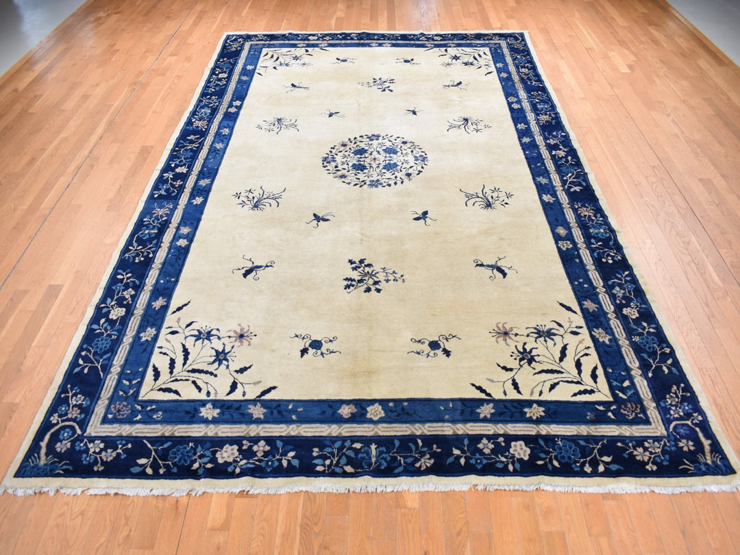 9'0" x 14'2" Vintage Hand Knotted Ivory Wool Rectangle Oriental Rug - MOA10287402
