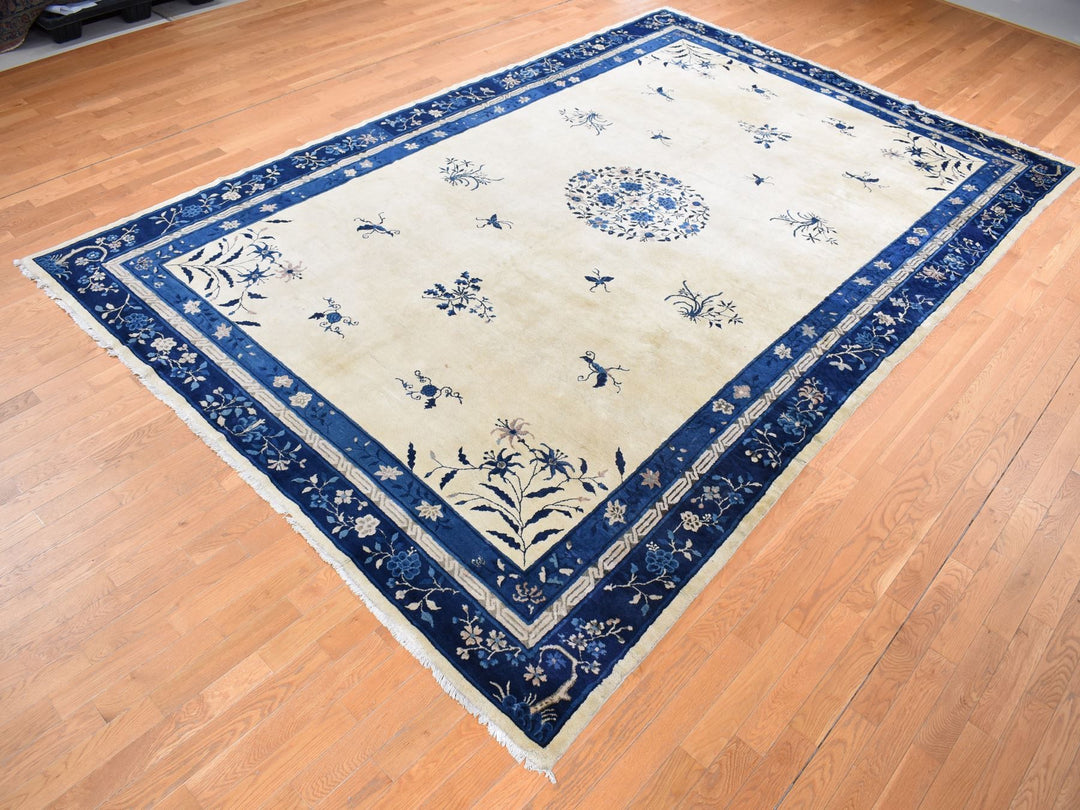 9'0" x 14'2" Vintage Hand Knotted Ivory Wool Rectangle Oriental Rug - MOA10287402