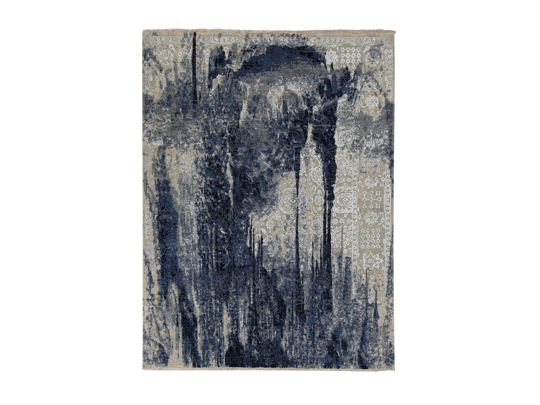 6'0" x 8'10" New Hand Knotted Blue Wool & Silk Rectangle Oriental Rug - MOA10287431