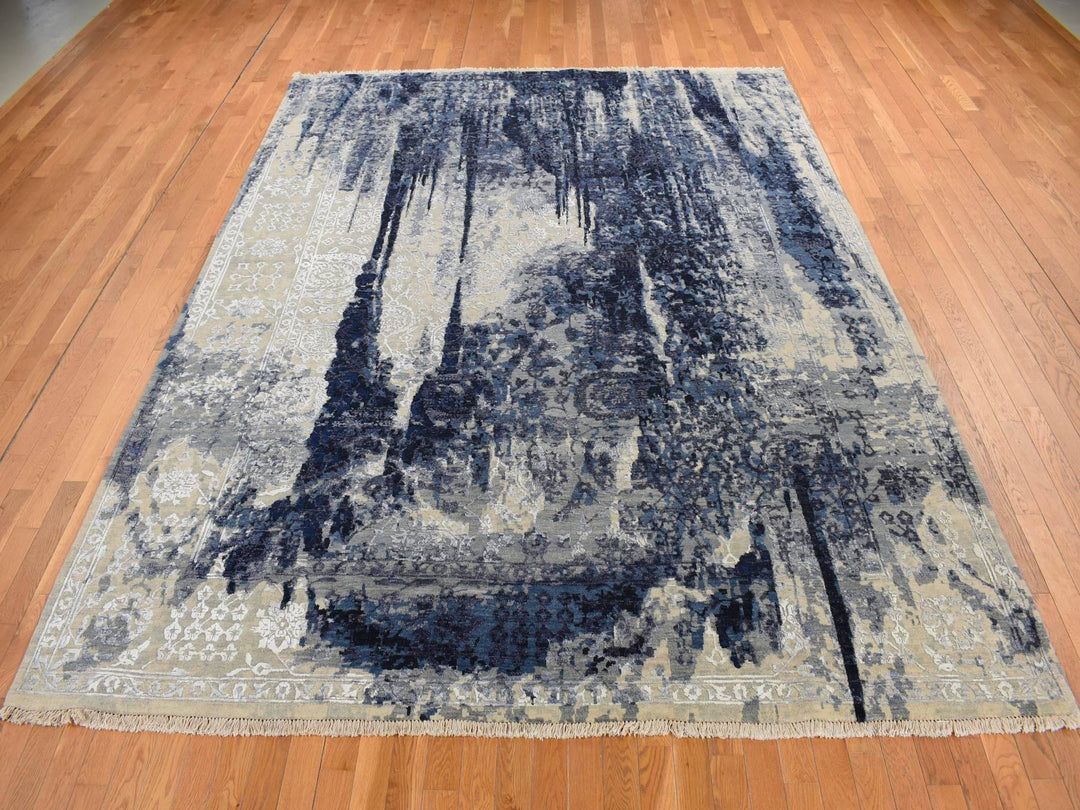 6'0" x 8'10" New Hand Knotted Blue Wool & Silk Rectangle Oriental Rug - MOA10287431