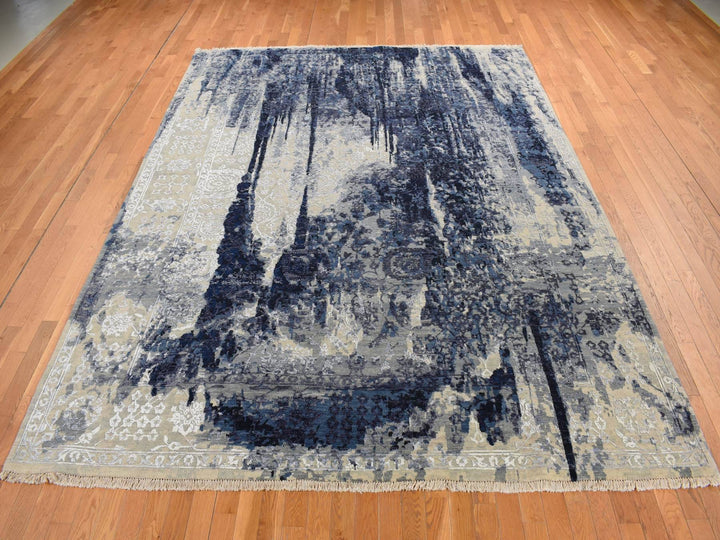 6'0" x 8'10" New Hand Knotted Blue Wool & Silk Rectangle Oriental Rug - MOA10287431