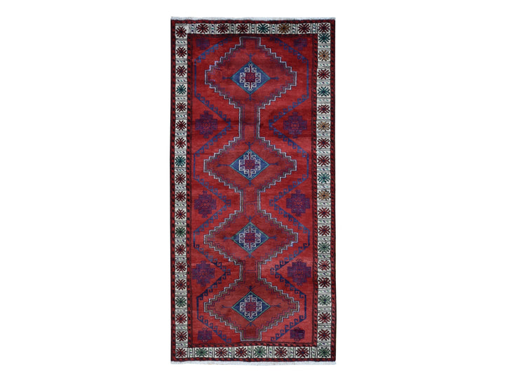 3'8" x 7'9" Vintage Hand Knotted Red Wool Runner Oriental Rug - MOA10287443