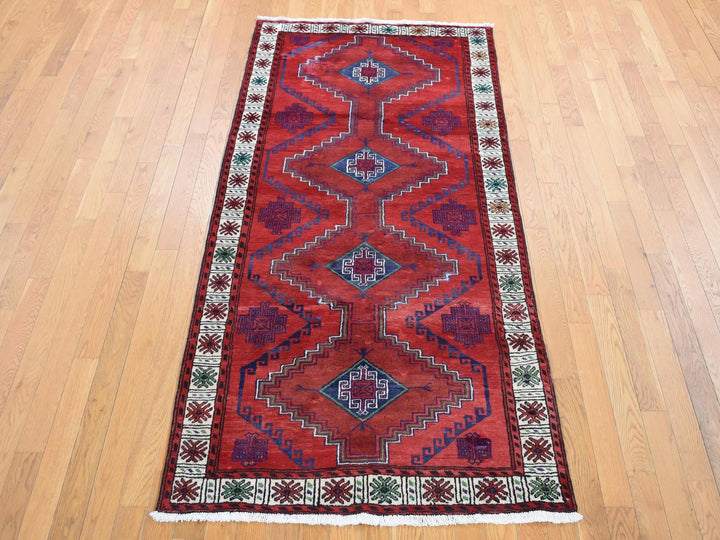 3'8" x 7'9" Vintage Hand Knotted Red Wool Runner Oriental Rug - MOA10287443