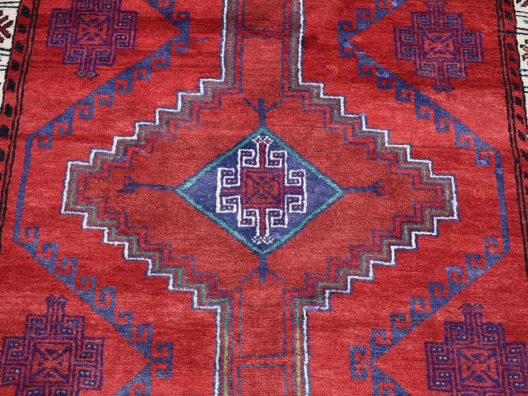 3'8" x 7'9" Vintage Hand Knotted Red Wool Runner Oriental Rug - MOA10287443
