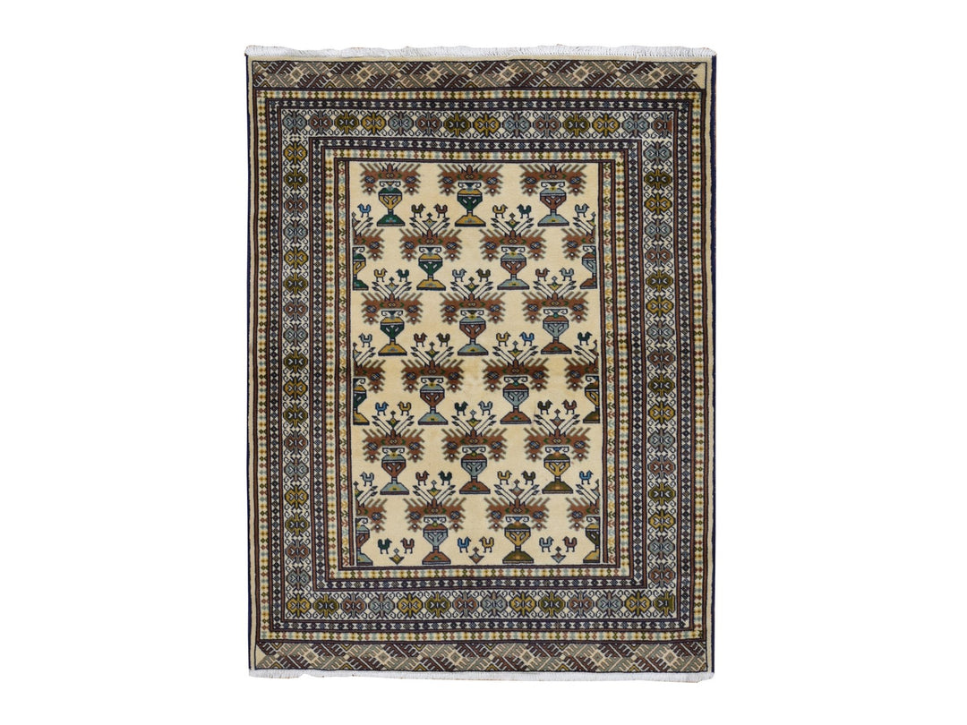 4'3" x 5'7" New Hand Knotted Ivory Wool Rectangle Oriental Rug - MOA10287453