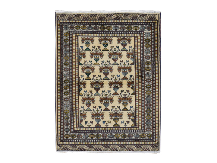4'3" x 5'7" New Hand Knotted Ivory Wool Rectangle Oriental Rug - MOA10287453
