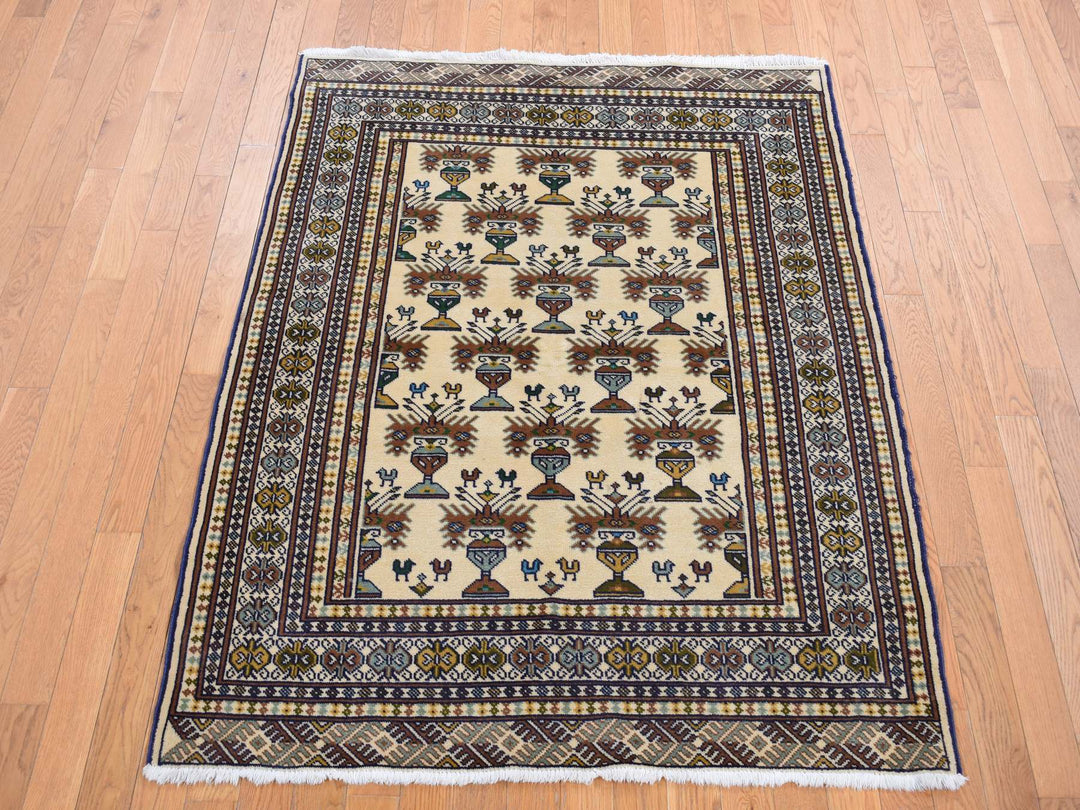 4'3" x 5'7" New Hand Knotted Ivory Wool Rectangle Oriental Rug - MOA10287453