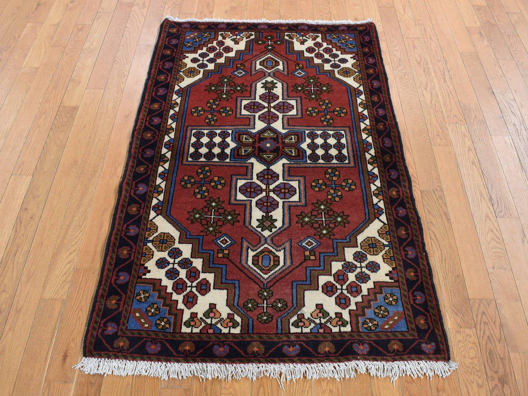 3'5" x 5'0" Vintage Hand Knotted Red Wool Rectangle Oriental Rug - MOA10287464
