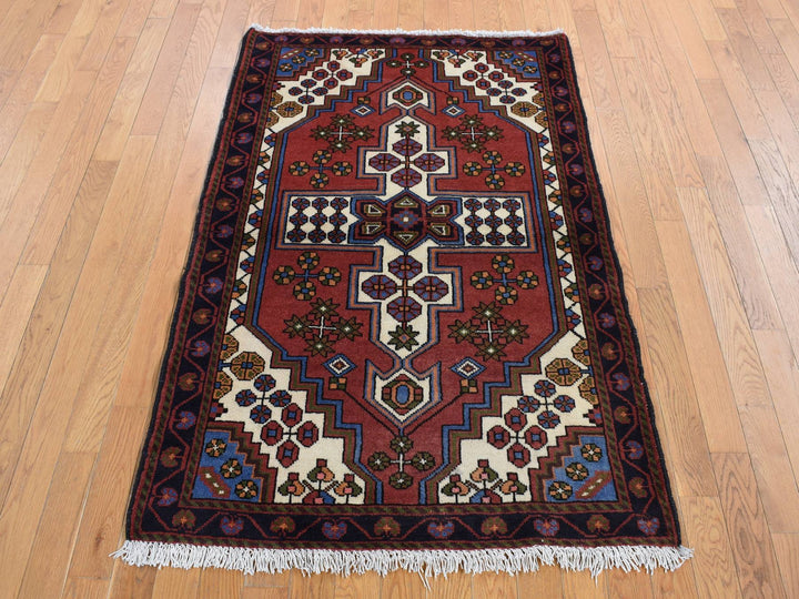 3'5" x 5'0" Vintage Hand Knotted Red Wool Rectangle Oriental Rug - MOA10287464