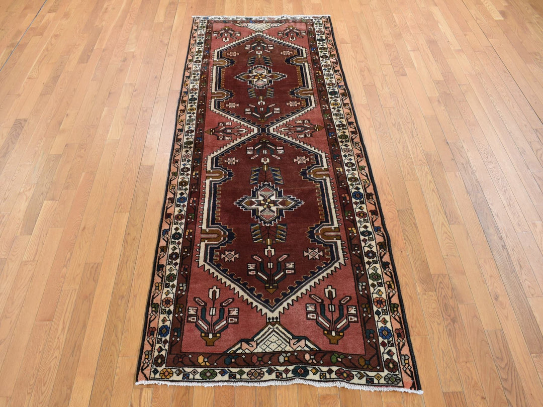 3'9" x 9'9" Vintage Hand Knotted Red Wool Runner Oriental Rug - MOA10287469