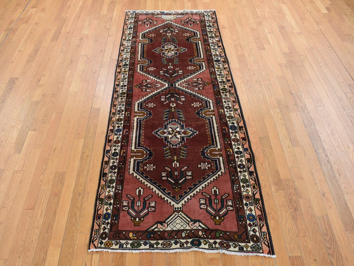 3'9" x 9'9" Vintage Hand Knotted Red Wool Runner Oriental Rug - MOA10287469