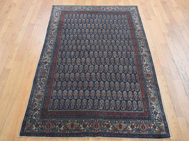 4'0" x 6'0" Vintage Hand Knotted Blue Worn Wool Rectangle Oriental Rug - MOA10287479