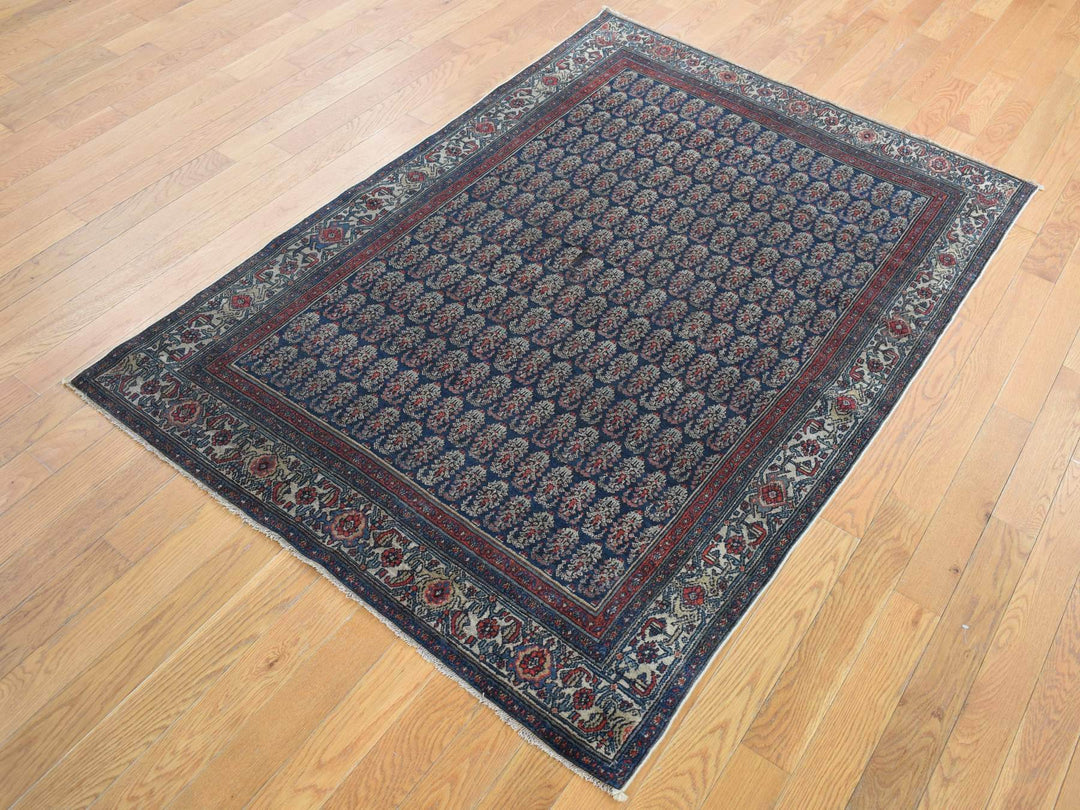 4'0" x 6'0" Vintage Hand Knotted Blue Worn Wool Rectangle Oriental Rug - MOA10287479