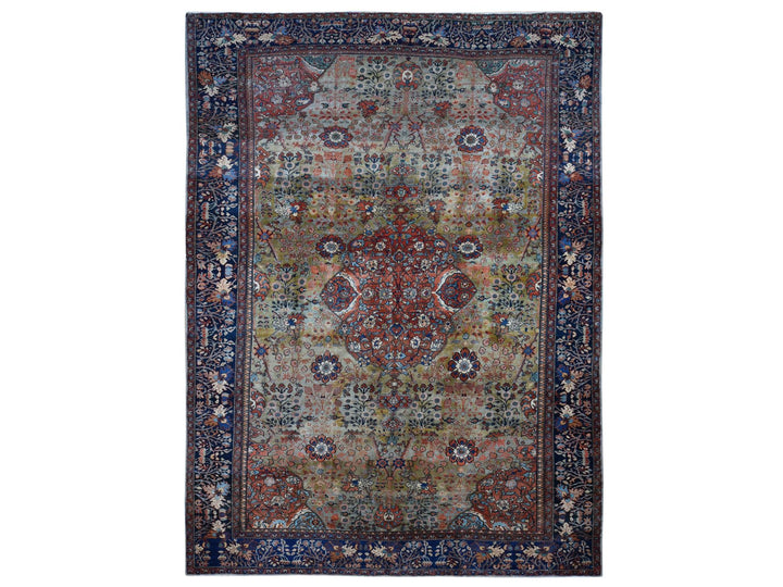 8'4" x 11'6" Vintage Hand Knotted Green Worn Wool Rectangle Oriental Rug - MOA10287480
