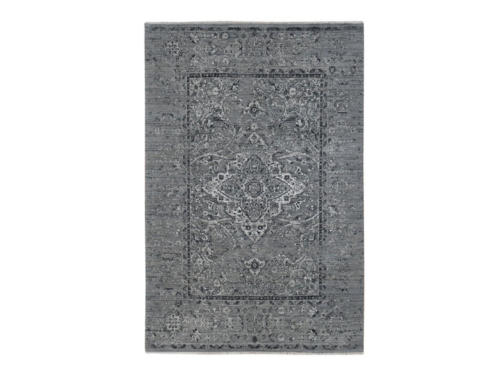6'0" x 9'0" New Hand Knotted Grey Wool & Silk Rectangle Oriental Rug - MOA10287509