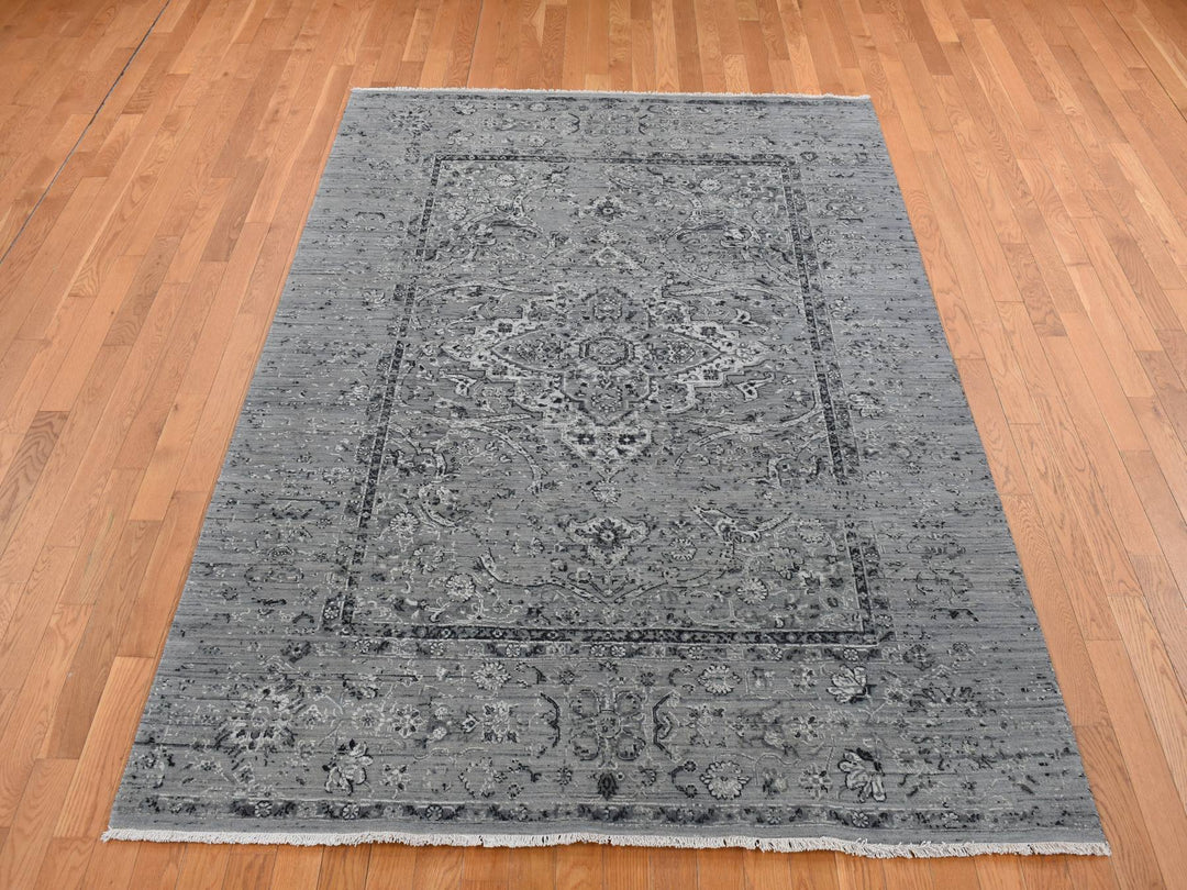 6'0" x 9'0" New Hand Knotted Grey Wool & Silk Rectangle Oriental Rug - MOA10287509