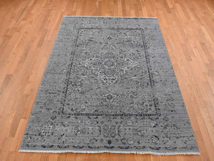 6'0" x 9'0" New Hand Knotted Grey Wool & Silk Rectangle Oriental Rug - MOA10287509
