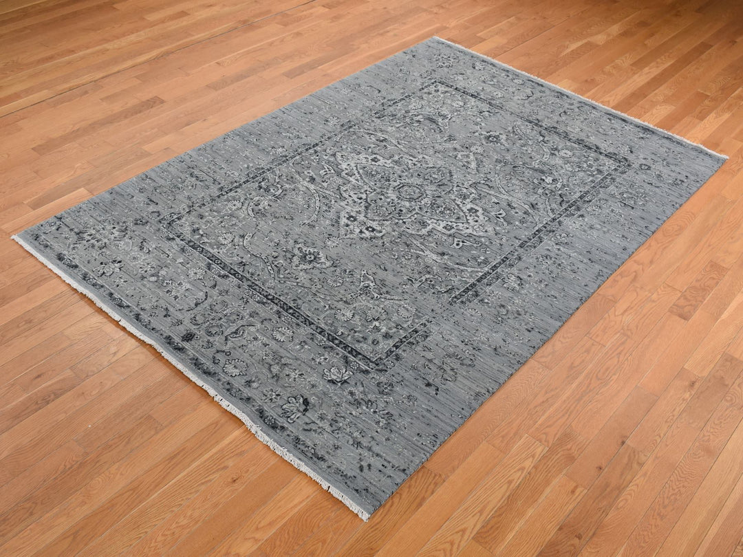 6'0" x 9'0" New Hand Knotted Grey Wool & Silk Rectangle Oriental Rug - MOA10287509