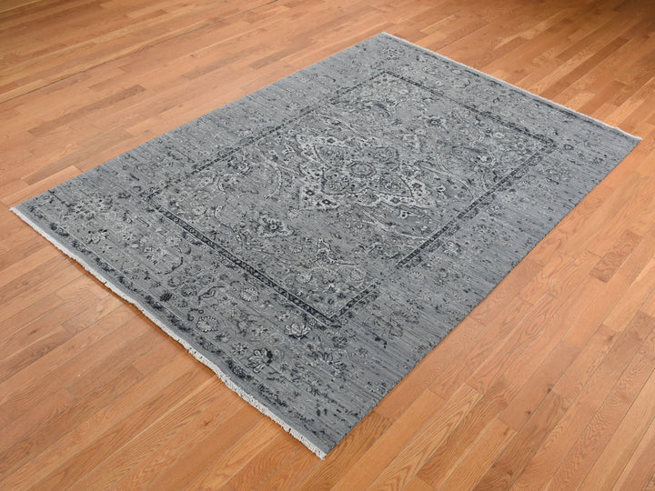 6'0" x 9'0" New Hand Knotted Grey Wool & Silk Rectangle Oriental Rug - MOA10287509