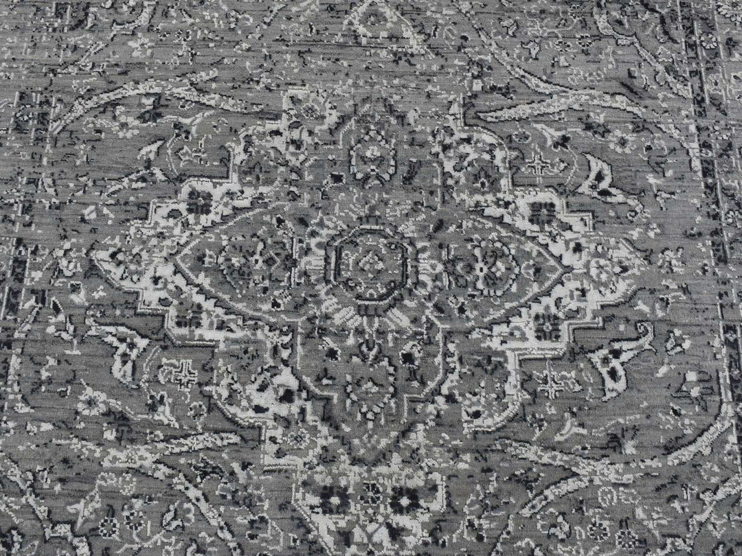 6'0" x 9'0" New Hand Knotted Grey Wool & Silk Rectangle Oriental Rug - MOA10287509