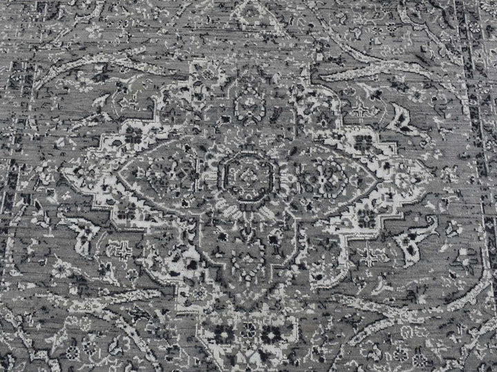 6'0" x 9'0" New Hand Knotted Grey Wool & Silk Rectangle Oriental Rug - MOA10287509