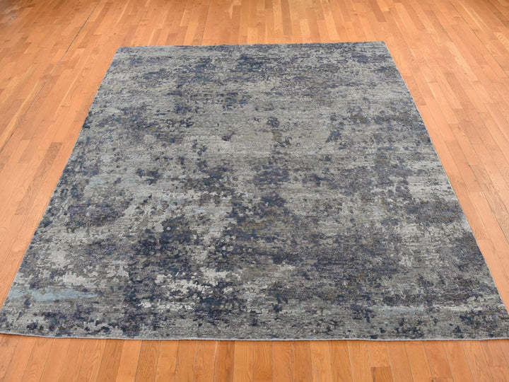 7'10" x 9'9" New Hand Knotted Grey Wool & Silk Rectangle Oriental Rug - MOA10287515
