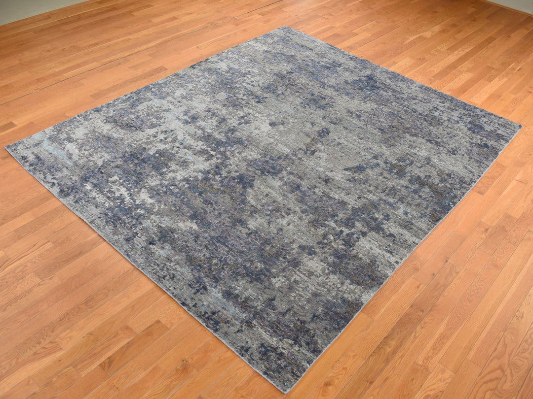 7'10" x 9'9" New Hand Knotted Grey Wool & Silk Rectangle Oriental Rug - MOA10287515