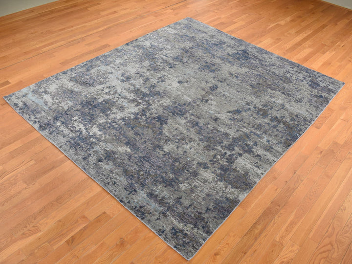 7'10" x 9'9" New Hand Knotted Grey Wool & Silk Rectangle Oriental Rug - MOA10287515