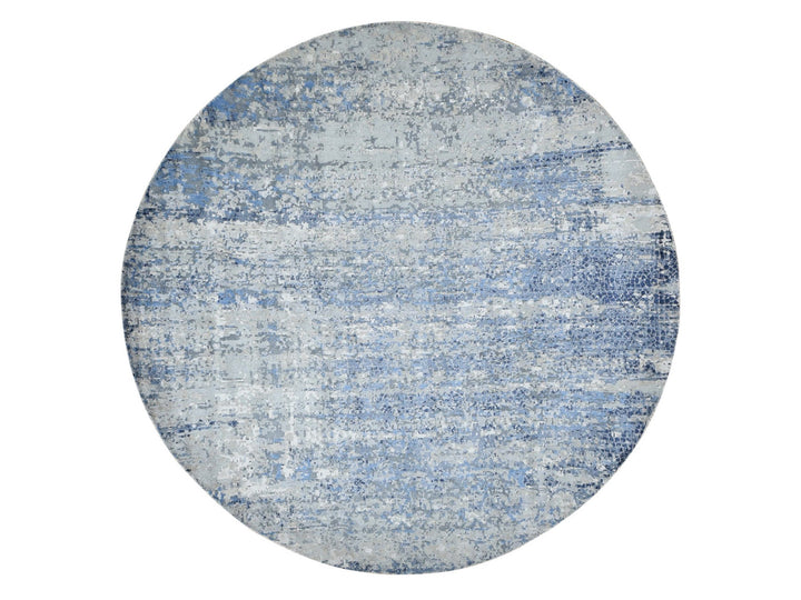 8'10" x 8'10" New Hand Knotted Blue Wool & Silk Round Oriental Rug - MOA10287568