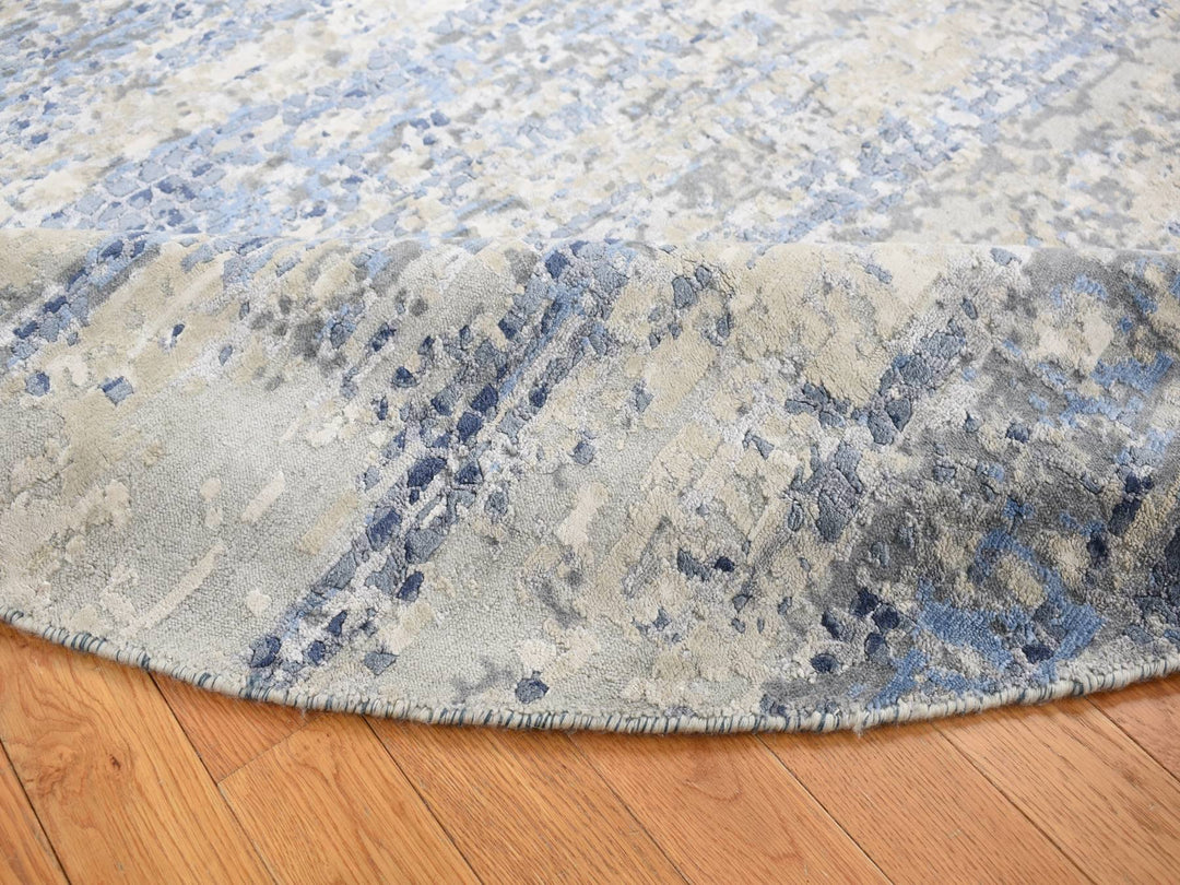 8'10" x 8'10" New Hand Knotted Blue Wool & Silk Round Oriental Rug - MOA10287568