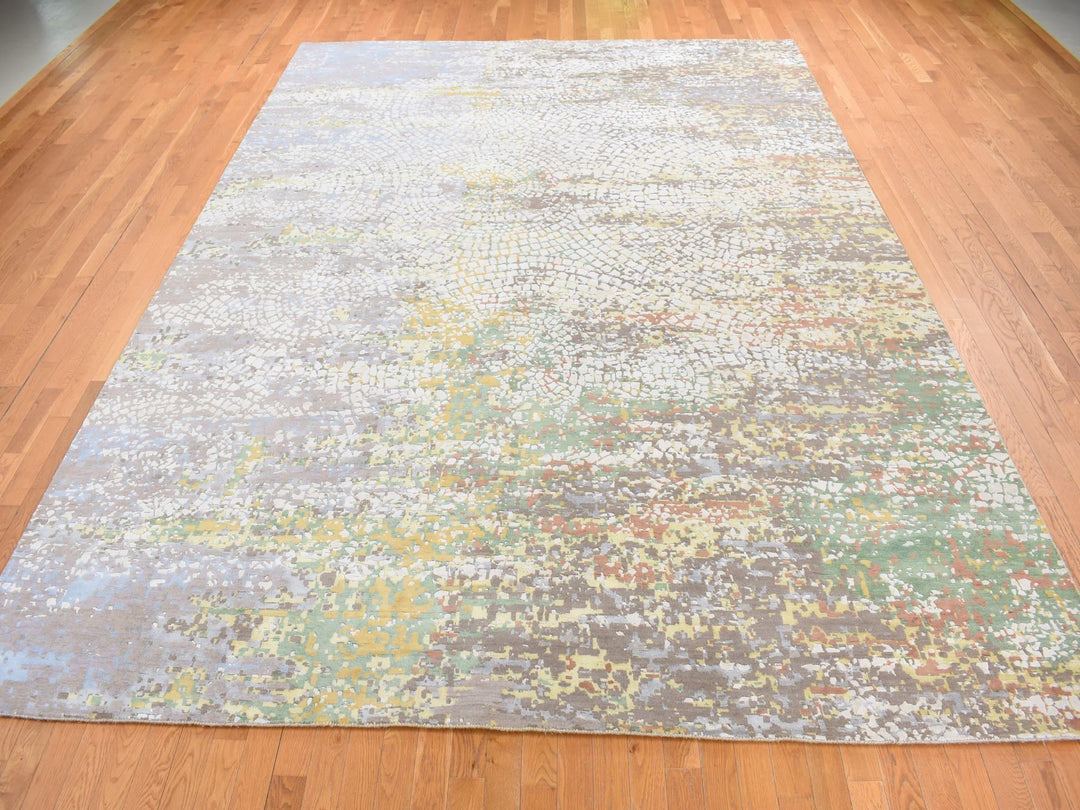 10'0" x 14'1" New Hand Knotted Grey Wool & Pure Silk Rectangle Oriental Rug - MOA10287581