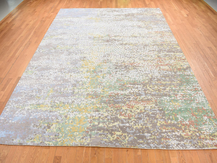 10'0" x 14'1" New Hand Knotted Grey Wool & Pure Silk Rectangle Oriental Rug - MOA10287581