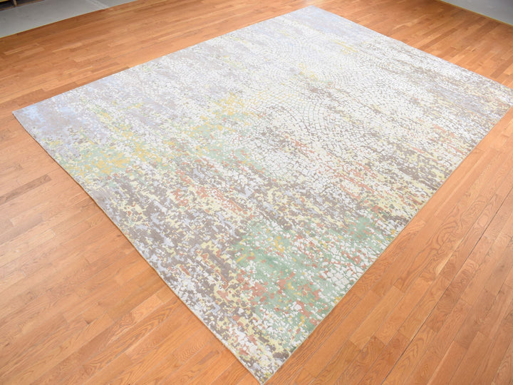 10'0" x 14'1" New Hand Knotted Grey Wool & Pure Silk Rectangle Oriental Rug - MOA10287581