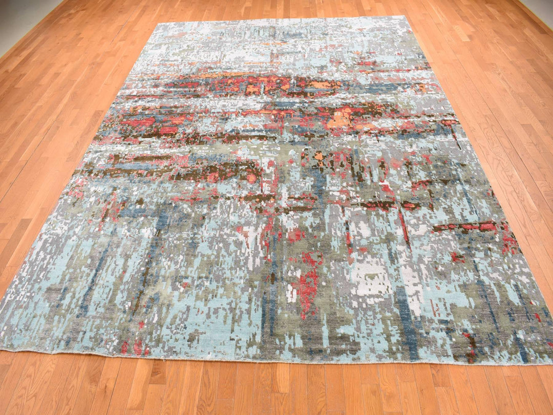 9'10" x 13'8" New Hand Knotted Grey Wool & Silk Rectangle Oriental Rug - MOA10287583