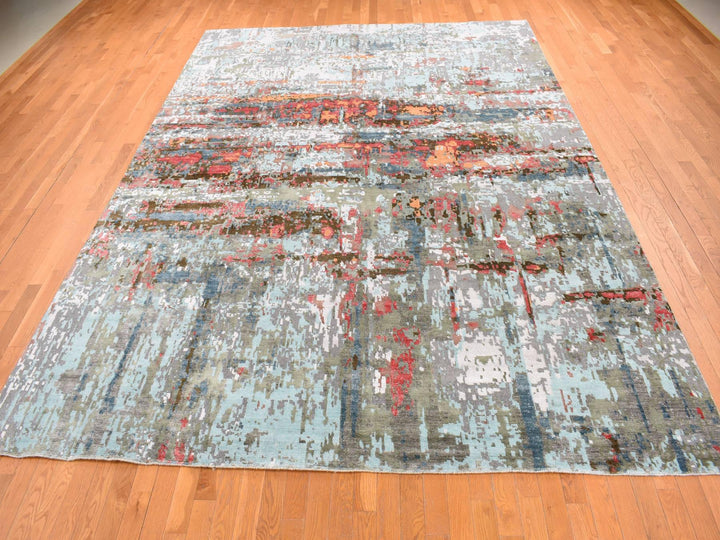 9'10" x 13'8" New Hand Knotted Grey Wool & Silk Rectangle Oriental Rug - MOA10287583