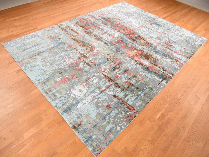 9'10" x 13'8" New Hand Knotted Grey Wool & Silk Rectangle Oriental Rug - MOA10287583