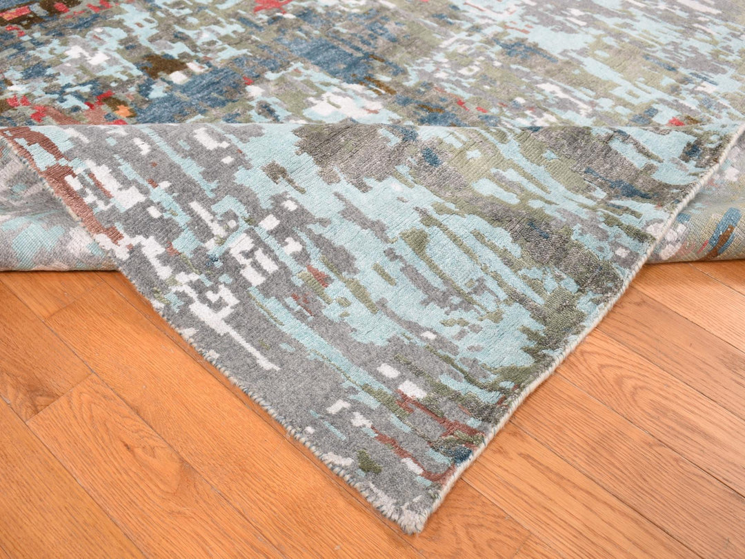 9'10" x 13'8" New Hand Knotted Grey Wool & Silk Rectangle Oriental Rug - MOA10287583