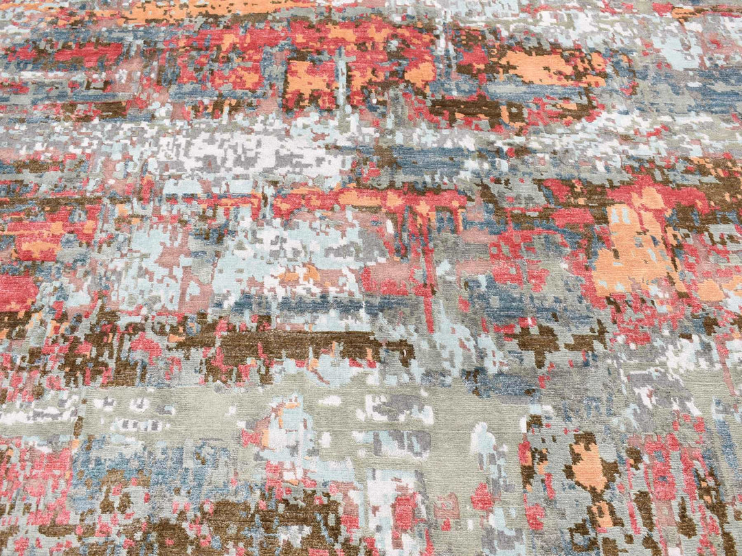 9'10" x 13'8" New Hand Knotted Grey Wool & Silk Rectangle Oriental Rug - MOA10287583