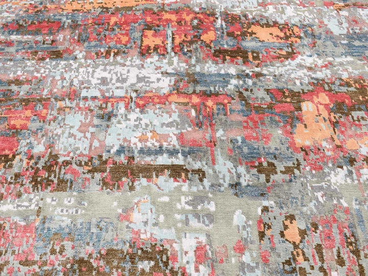 9'10" x 13'8" New Hand Knotted Grey Wool & Silk Rectangle Oriental Rug - MOA10287583