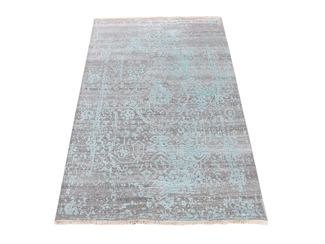 3'0" x 4'10" New Hand Knotted Green Wool & Silk Rectangle Oriental Rug - MOA10287602