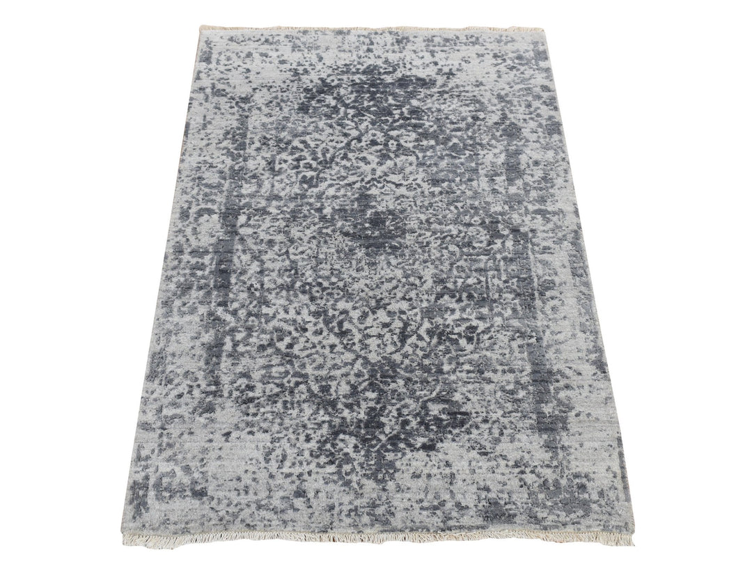 3'0" x 4'10" New Hand Knotted Grey Wool & Pure Silk Rectangle Oriental Rug - MOA10287605