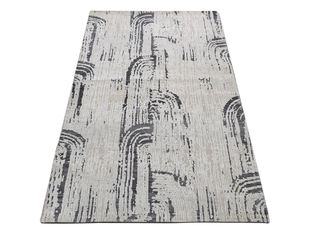 3'0" x 5'6" New Hand Knotted Grey Wool & Pure Silk Rectangle Oriental Rug - MOA10287609
